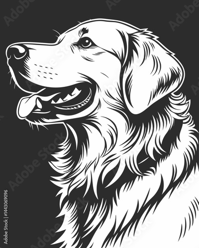 Majestic Golden Retriever Dog Portrait Black and White Illustration