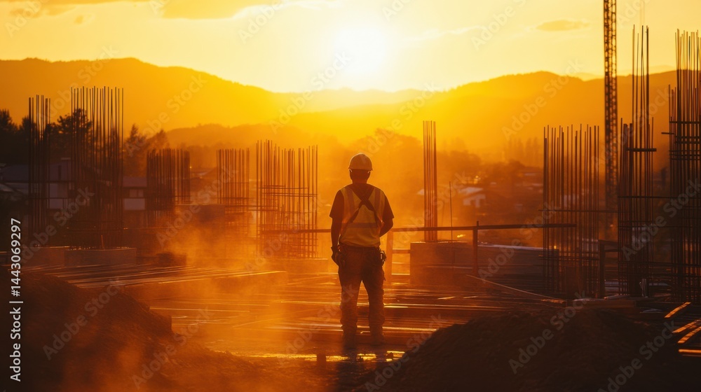 Fototapeta premium Golden hour silhouette at construction site