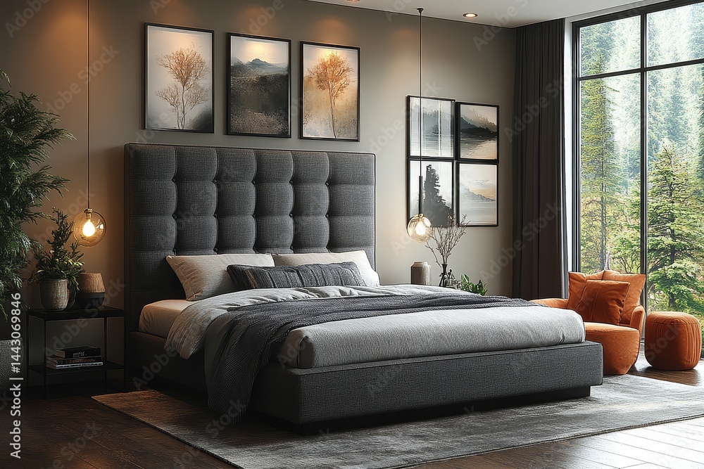 Fototapeta premium Modern gray fabric headboard bed frame with low-profile footboard, soft linen or velvet material in a sleek bedroom setting, ideal for small apartments.