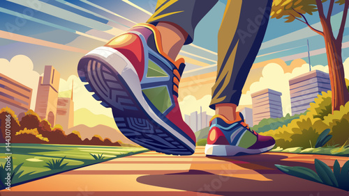 Close-up of sporty walking shoes on a pedestrian's feet, mid-step, walking outdoors on a natural path or sidewalk, early morning light, shallow depth of field, soft shadows, high detail texture on the