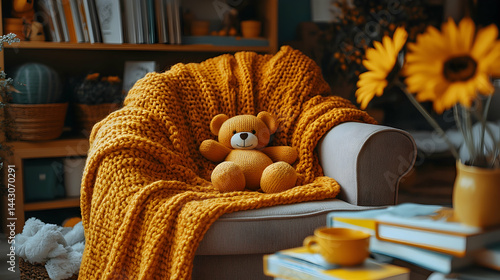 Cozy armchair with yellow knit blanket and teddy bear a cup books and vase of sunflowers nearby