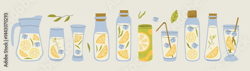 Bright lemonade juice in different glasses and pitcher. Set of refreshing drinks with ice and straw in glass cups. Summer cold drinks, hand drawn yellow lemons slices and leaves