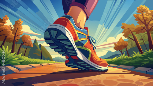 Close-up of sporty walking shoes on a pedestrian's feet, mid-step, walking outdoors on a natural path or sidewalk, early morning light, shallow depth of field, soft shadows, high detail texture on the