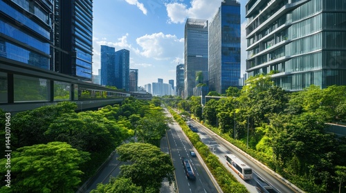 Modern city skyline with lush green trees and busy highway creating a balance between nature and urban life