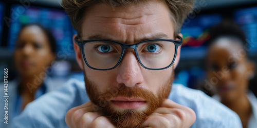 Nahaufnahme eines konzentrierten Mannes mit Bart und Brille, der intensiv in die Kamera blickt