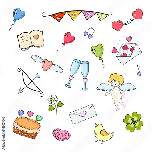 Love set. Cartoon illustrations with heart elements. Dating and marriage decoration.