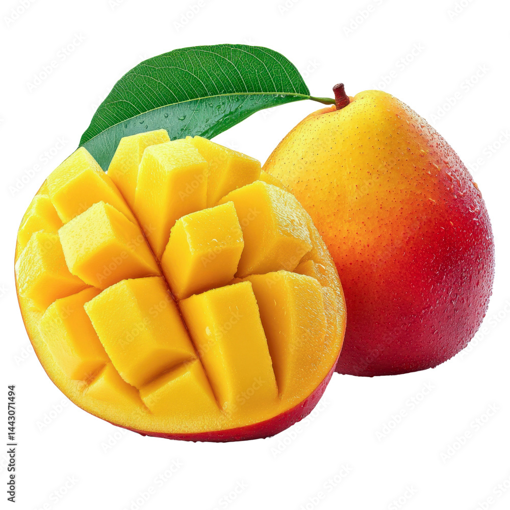 mango fruit - juicy slices and whole mango with leaf mango fruit - juicy slices and whole mango with leaf