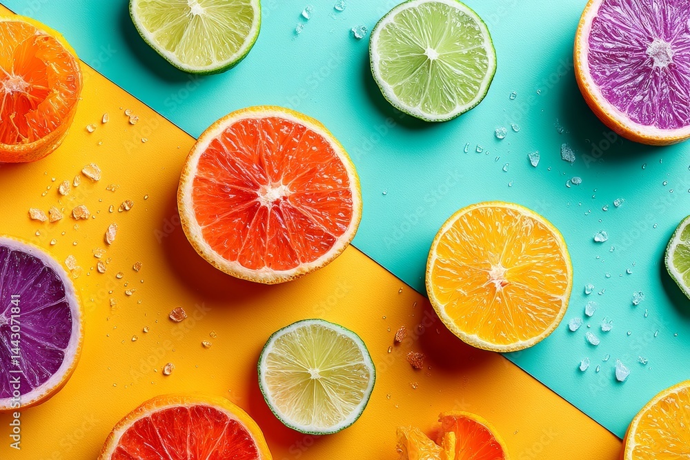 Fresh citrus fruit slices on a bright colorful background.