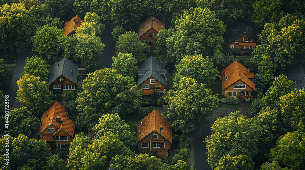 Fototapeta premium Aerial view of serene housing estate nestled among lush greenery, evoking tranquility