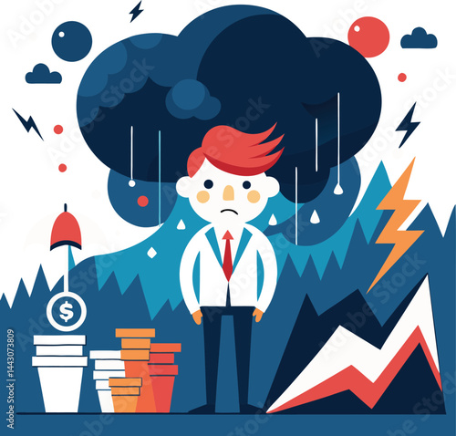 Recession financial storm concept, tiny business person vecto