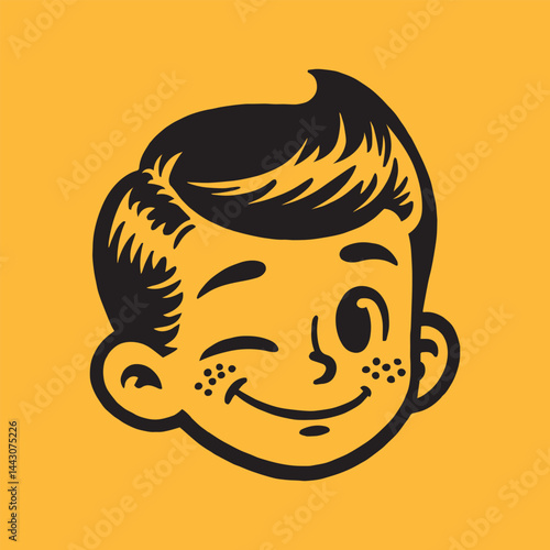 A vintage, black-and-white illustration of a smiling boy's face. winking, with freckles, isolated head on a solid orange background. Vector
