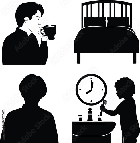 Vector Set of Four Daily Routine Silhouettes, Featuring a Person Drinking from a Cup, a Bed with Pillows and Headboard, the Back Silhouette of a Person, and an Individual Brushing Their Teeth at a Sin