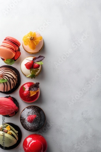 Elegant assortment of gourmet desserts on a textured surface offering a delightful culinary experience with vibrant colors and inviting presentation for bakery and pastry enthusiasts