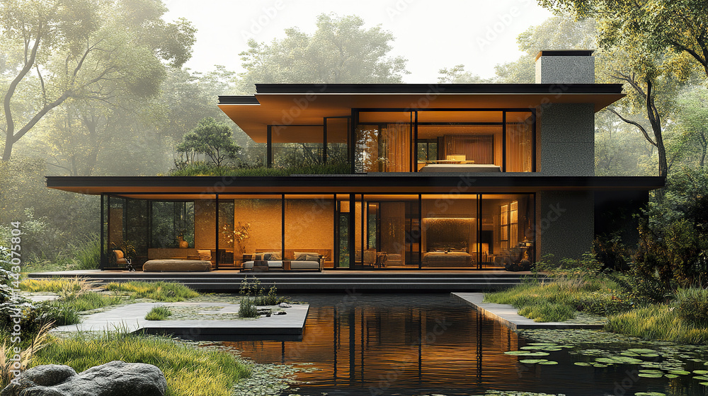 modern residential house with minimalist architecture surrounded by lush greenery and serene modern residential house with minimalist architecture surrounded by lush greenery and serene