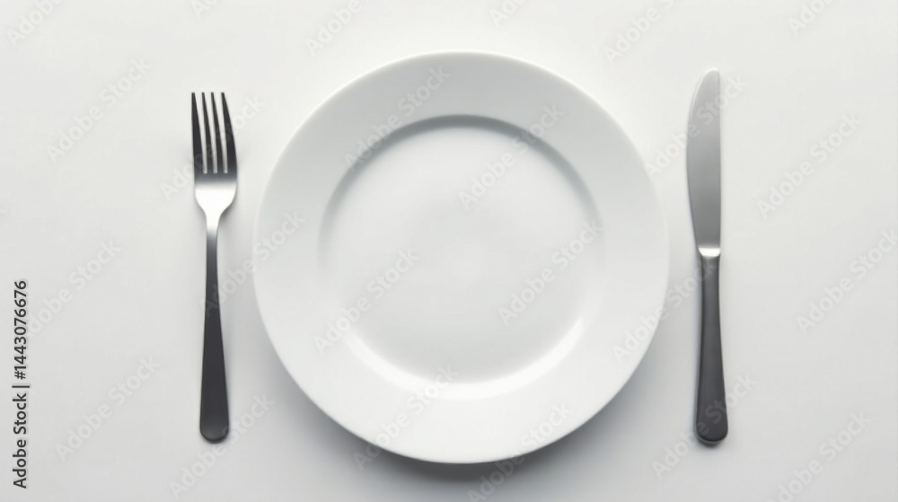 A simple, elegant place setting featuring a pristine white dinner plate, a sleek silver fork, and a matching knife, ready for a meal. A simple, elegant place setting featuring a pristine white dinner plate, a sleek silver fork, and a matching knife, ready for a meal.