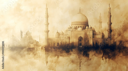 Grand mosque dome and minarets in sepia watercolor texture with distant city views
