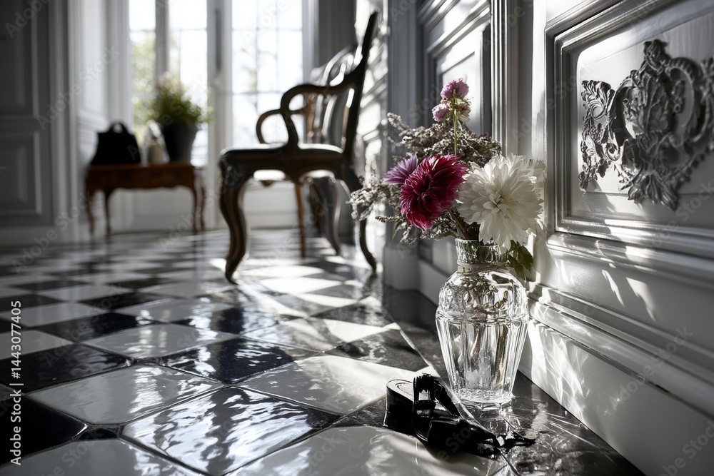 Classic black and white tile floor with a touch of elegance.