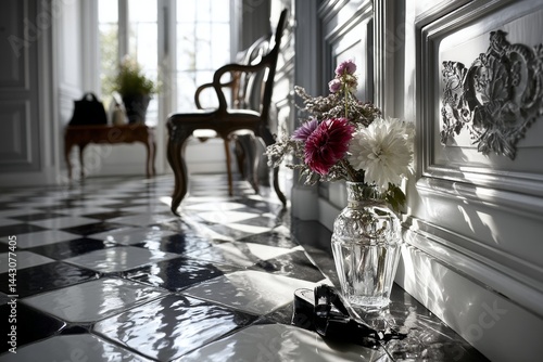 Obraz na płótnie Classic black and white tile floor with a touch of elegance. w salonie