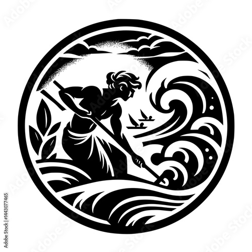 Stylized Black and White Illustration of a Figure Working in Dynamic Waves within a Circle Frame