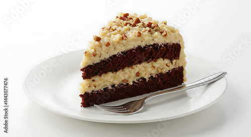 Wallpaper Mural A slice of German chocolate cake with coconut-pecan frosting between layers, served on a white plate with a fork, white background Torontodigital.ca