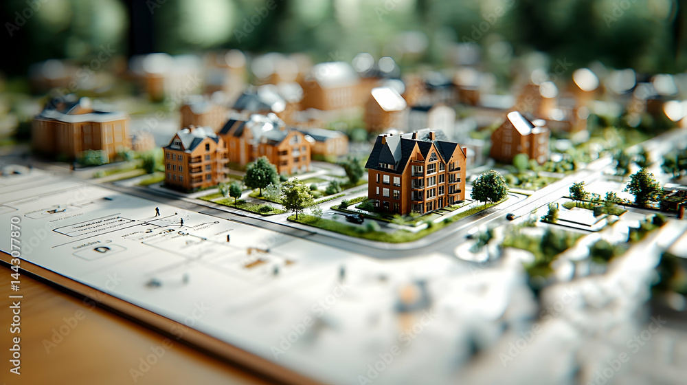 Intricate model village with buildings streets greenery on a board with architectural plans displayed Intricate model village with buildings streets greenery on a board with architectural plans displayed