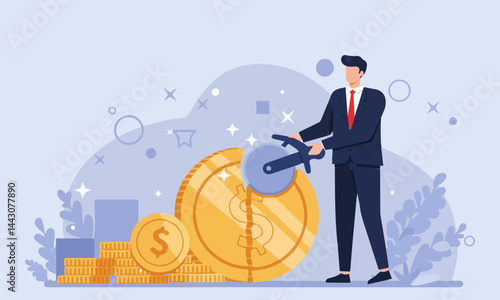 A businessman in a dark suit and red tie uses a large saw to cut through a giant golden coin with a dollar sign, near stacks of smaller coins, symbolizing cost reduction or financial cuts