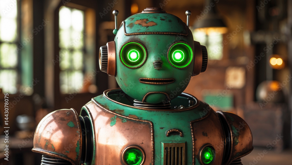 Copper Steampunk Robot with Green Patina and Glowing Eyes – Vintage Sci-Fi Art in 4K Copper Steampunk Robot with Green Patina and Glowing Eyes – Vintage Sci-Fi Art in 4K