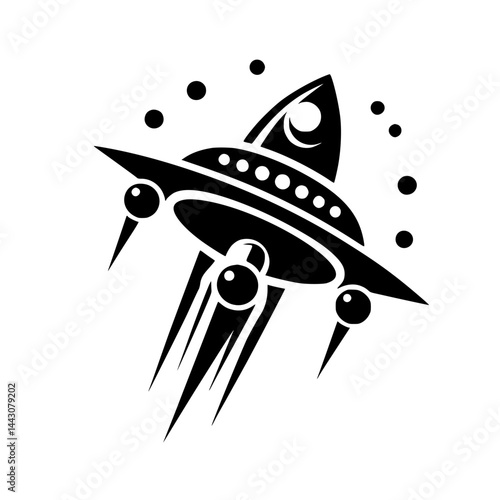 Stylized Tribal Black and White UFO Spaceship Icon Graphic Design Element