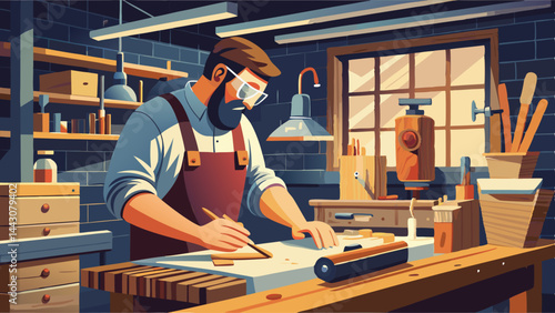 A man in a mask is working on a project in a workshop. Scene is serious and focused, as the man is wearing a mask and he is concentrating on his work. The workshop is filled with various tools