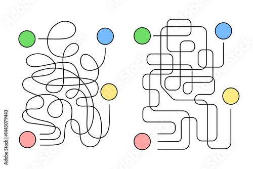 Paths of labyrinth of three routes and chaotic tangled roads, crossroads, forks in vertical format for children's puzzle, an educational game for finding way from one object to three others. Vector.