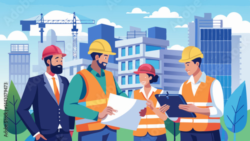 Three people are standing in front of a building, one of them is wearing a hard hat. They are all looking at blueprints and discussing the construction plans. Scene is serious and focused