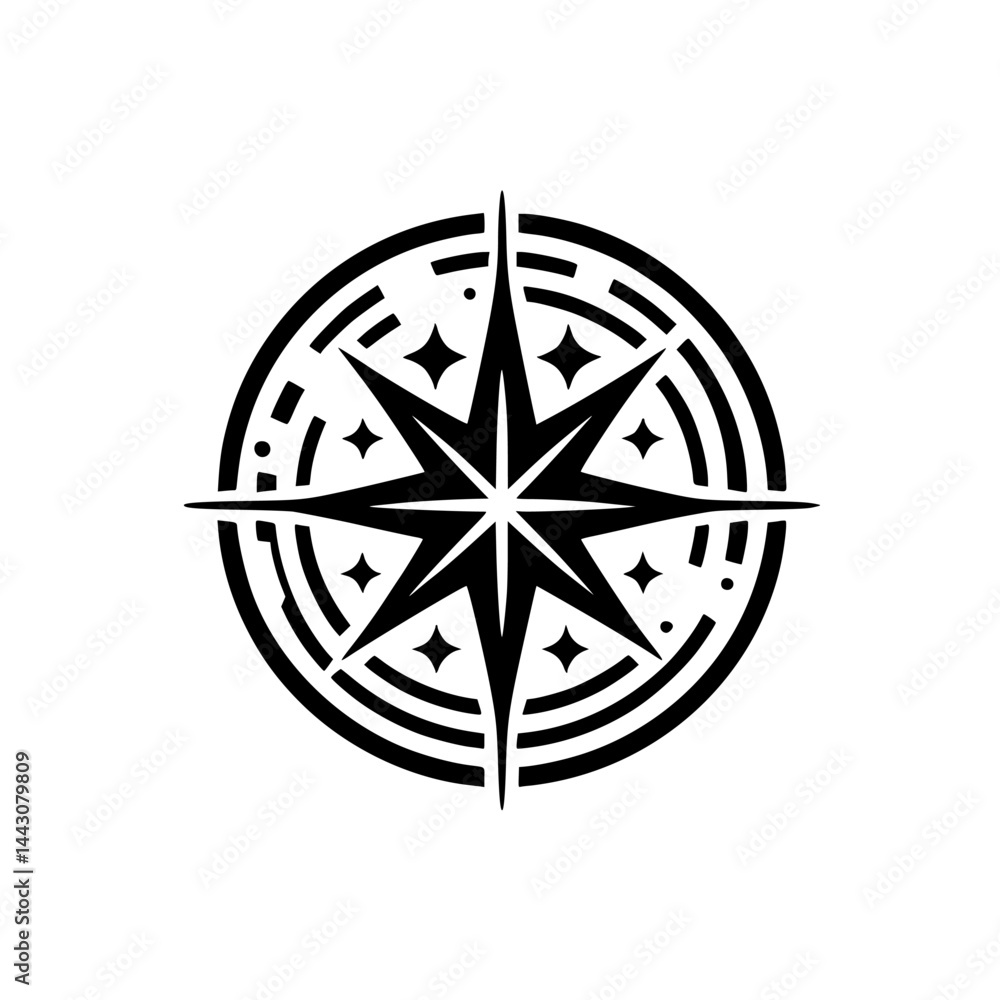 Modern Geometric Compass Rose and Star Symbol - Black and White Logo Design Modern Geometric Compass Rose and Star Symbol - Black and White Logo Design