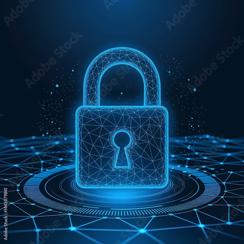 Wallpaper Mural Futuristic Cybersecurity Lock with Polygonal Network Connections on Blue Background. Digital Lock Symbol Representing Cybersecurity and Data Protection Network. Torontodigital.ca