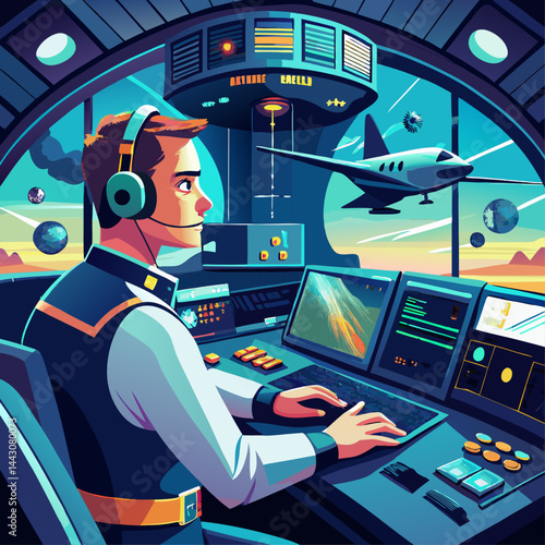 A man in a pilot's uniform is sitting in the cockpit of an airplane. The airplane is surrounded by other airplanes, and there are several other objects in the scene, including a ball and a car