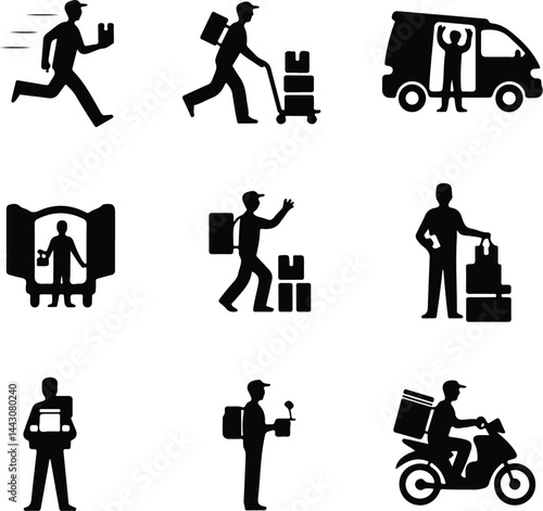 Delivery Man Silhouette Icons | Courier Service Vector Set Parcel Delivery Men Icons | Fast Shipping Silhouette Bundle