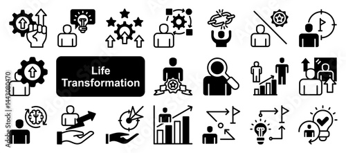 Life transformation icon collection set. Containing change, growth, development, evolution, transition, progress, metamorphosis, adaptation, renewal icon. Simple lvector illustration.