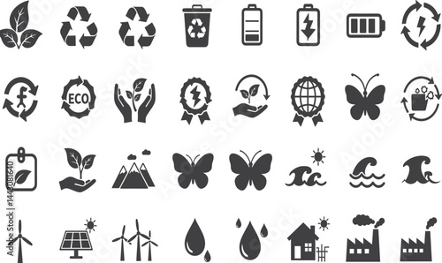 Eco and sustainability icon set. Vector glyph pictograms of recycle, tree, solar panel, wind turbine, environment, renewable energy, and conservation concept black silhouette