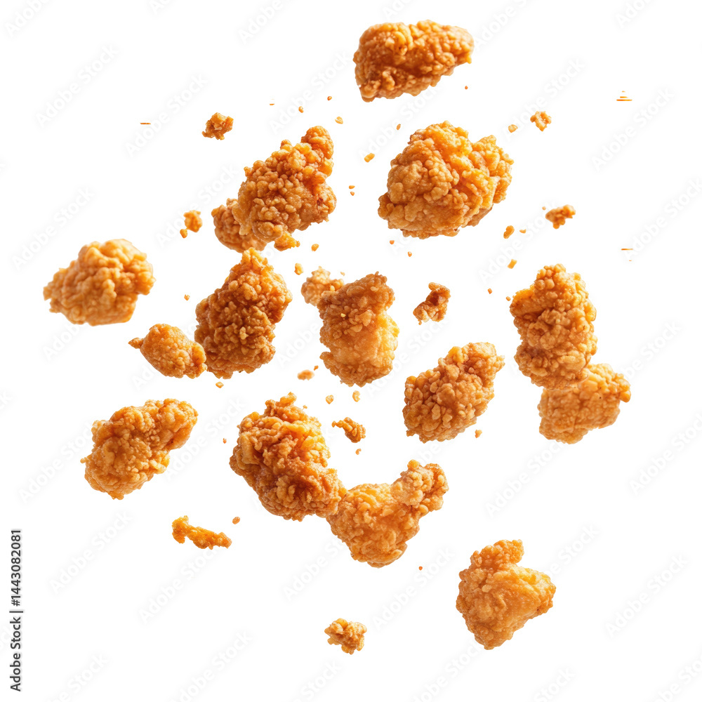 Crispy Fried Chicken Bites Falling on a Transparent Background Crispy Fried Chicken Bites Falling on a Transparent Background