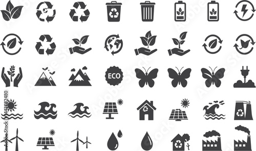 Eco and sustainability icon set. Vector glyph pictograms of recycle, tree, solar panel, wind turbine, environment, renewable energy, and conservation concept black silhouette