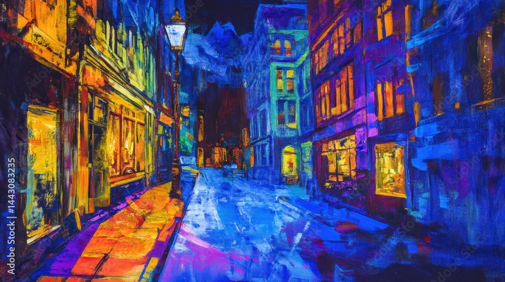 Fototapeta premium Vibrant Cityscape at Twilight, A Colorful Impressionistic Painting