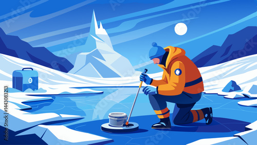 A man in an orange jacket is kneeling in the snow, fishing with a pole. The scene is set in a cold, snowy environment with a mountain in the background