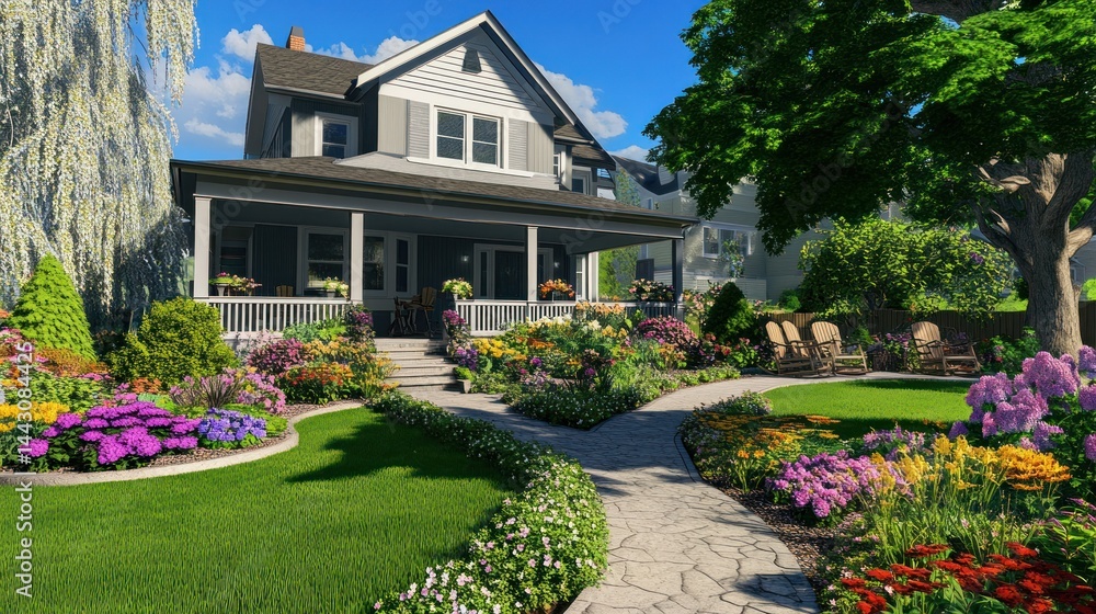 Elegant Suburban Home with Lush Garden and Inviting Porch View Elegant Suburban Home with Lush Garden and Inviting Porch View