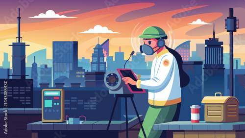 A man in a white coat is standing on a rooftop, looking at a tablet. The image has a mood of seriousness and focus, as the man is working on something important