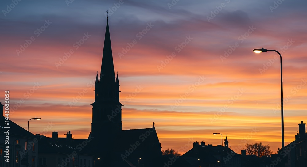 Fototapeta premium Serene Sunset Silhouette of a Church Steeple