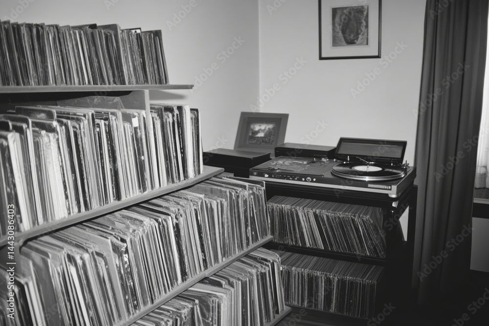 Retro vinyl records with a classic turntable in the background.
