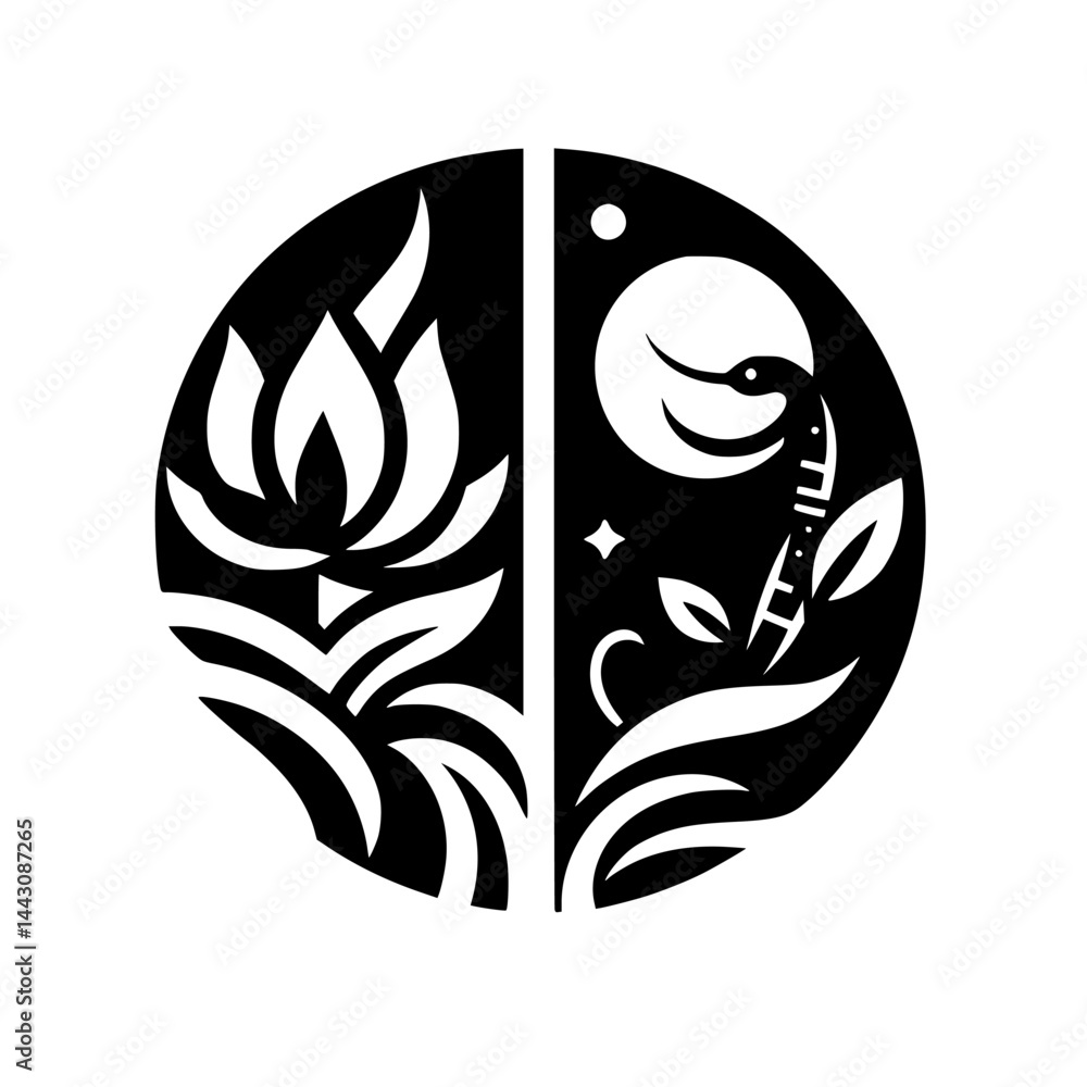 Abstract Nature Circle Logo: Black & White Lotus & Bird Duality Symbol Abstract Nature Circle Logo: Black & White Lotus & Bird Duality Symbol