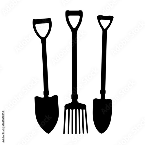 Silhouette of farm tools stacked together, agricultural symbolism