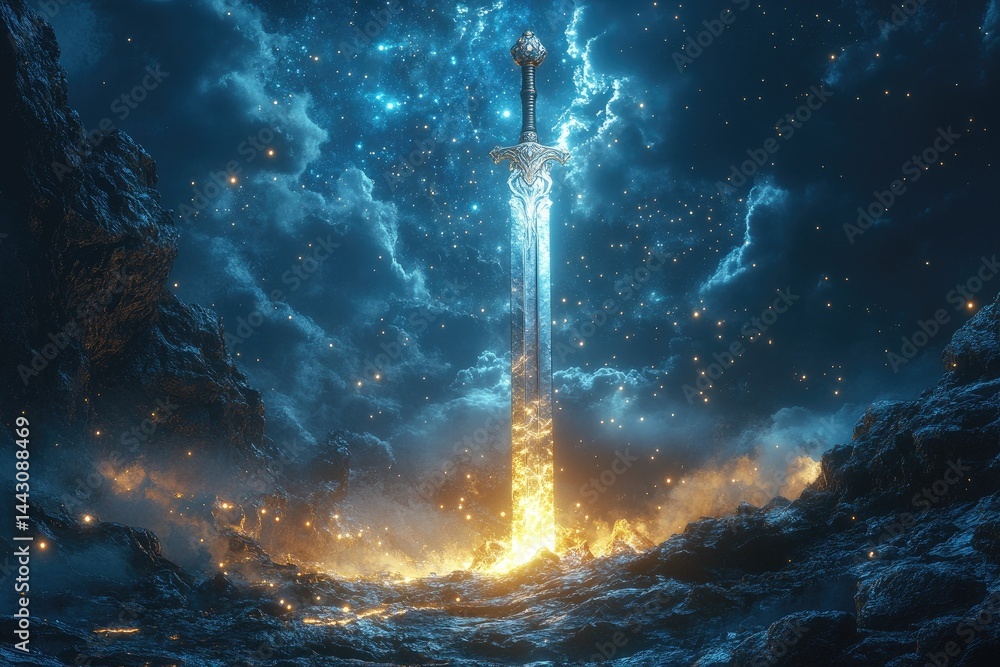 Naklejka premium The Celestial Blade - A vast sky filled with twinkling stars, featuring a massive sword plunged into the earth.