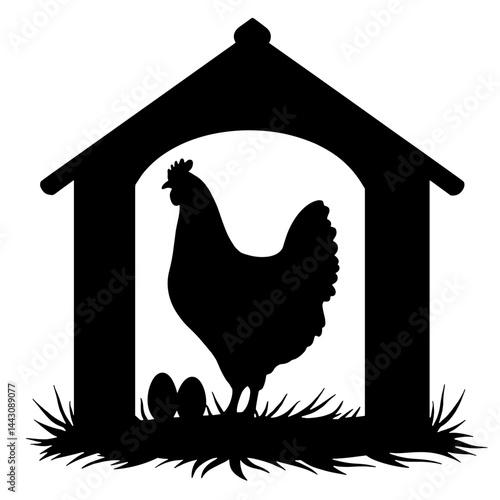 Silhouette of chicken with eggs in coop, farm life concept