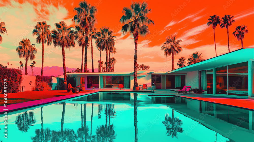 custom made wallpaper toronto digitalVibrant colorful brutalism minimalist house architecture in Palm springs with infinity pool, palm trees, ocean view in background, cinematic artsy film set design concept